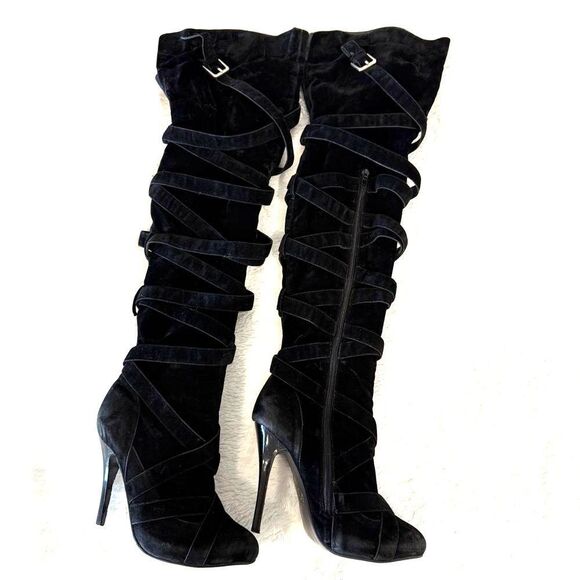 SEXY FREEMONT Black Velvet Suede Strappy Over-the-Knee High Heel Boots Size 8.5 - Picture 3 of 5